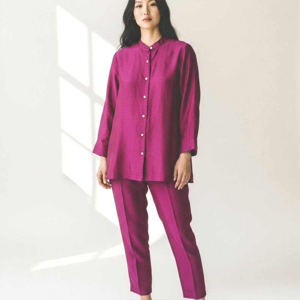 Lane Bryant Vintage Design Magenta Pink Silk Mandarin Collar Pant Set Plus 14/16